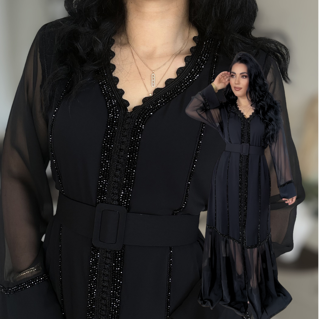 Caftan Glamour Noir – Élégance & Transparence
