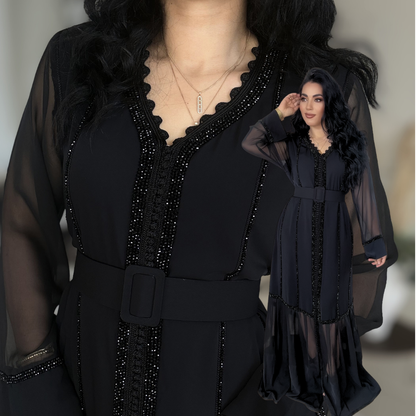 Caftan Glamour Noir – Élégance & Transparence