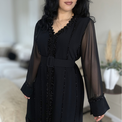 Caftan Glamour Noir – Élégance & Transparence