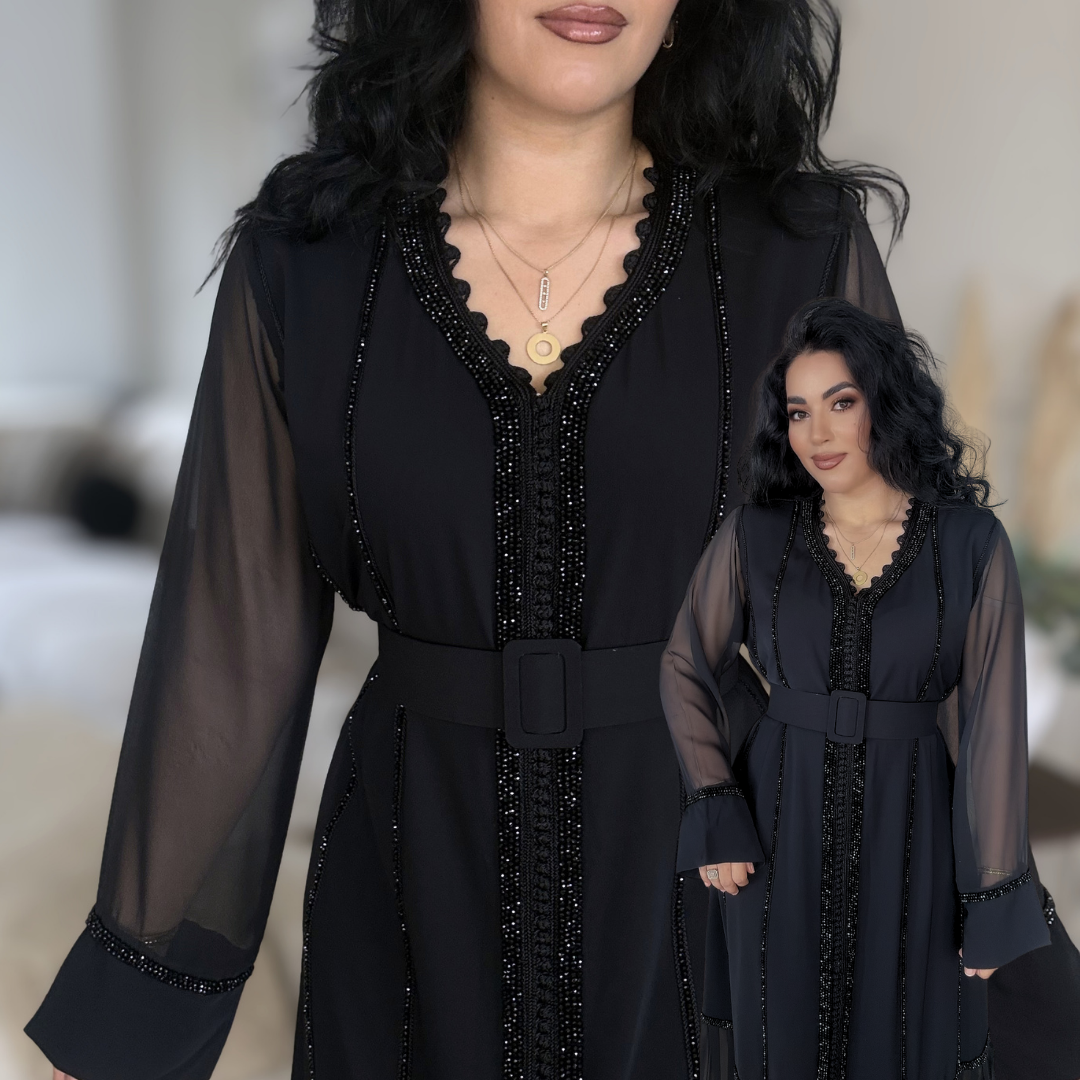 Caftan Glamour Noir – Élégance & Transparence
