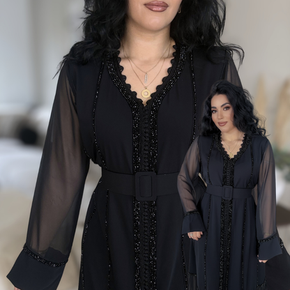 Caftan Glamour Noir – Élégance & Transparence