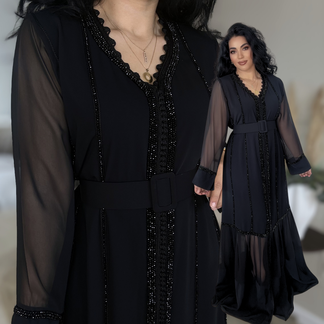 Caftan Glamour Noir – Élégance & Transparence