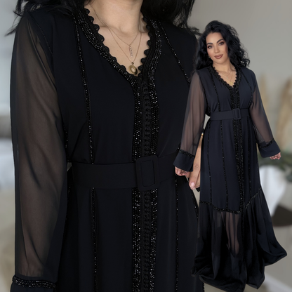 Caftan Glamour Noir – Élégance & Transparence