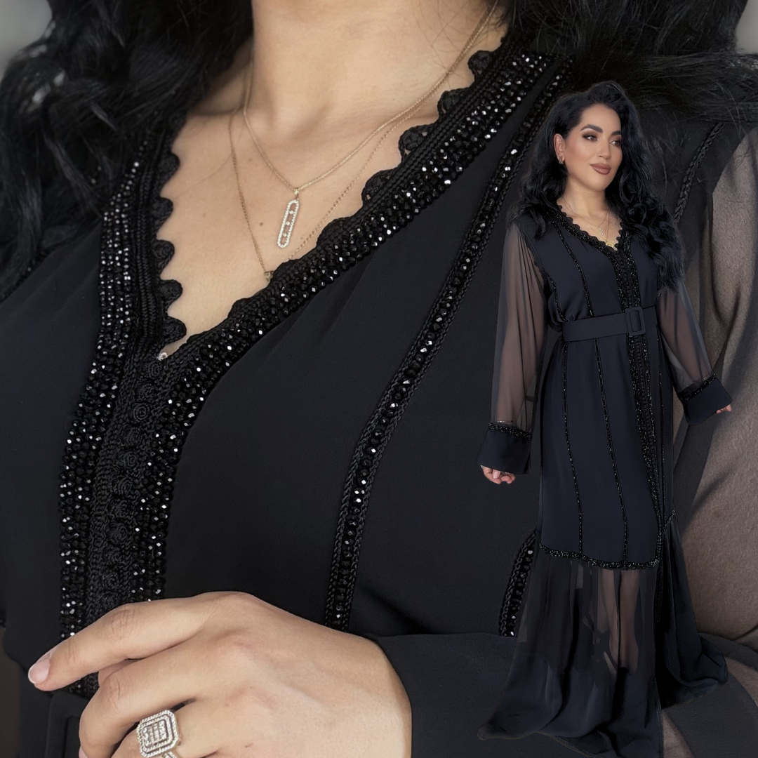 Caftan Glamour Noir – Élégance & Transparence