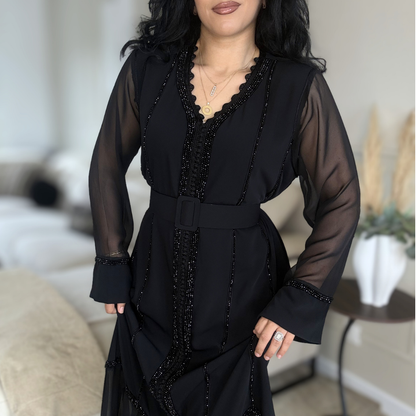 Caftan Glamour Noir – Élégance & Transparence