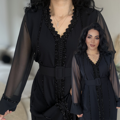 Caftan Glamour Noir – Élégance & Transparence